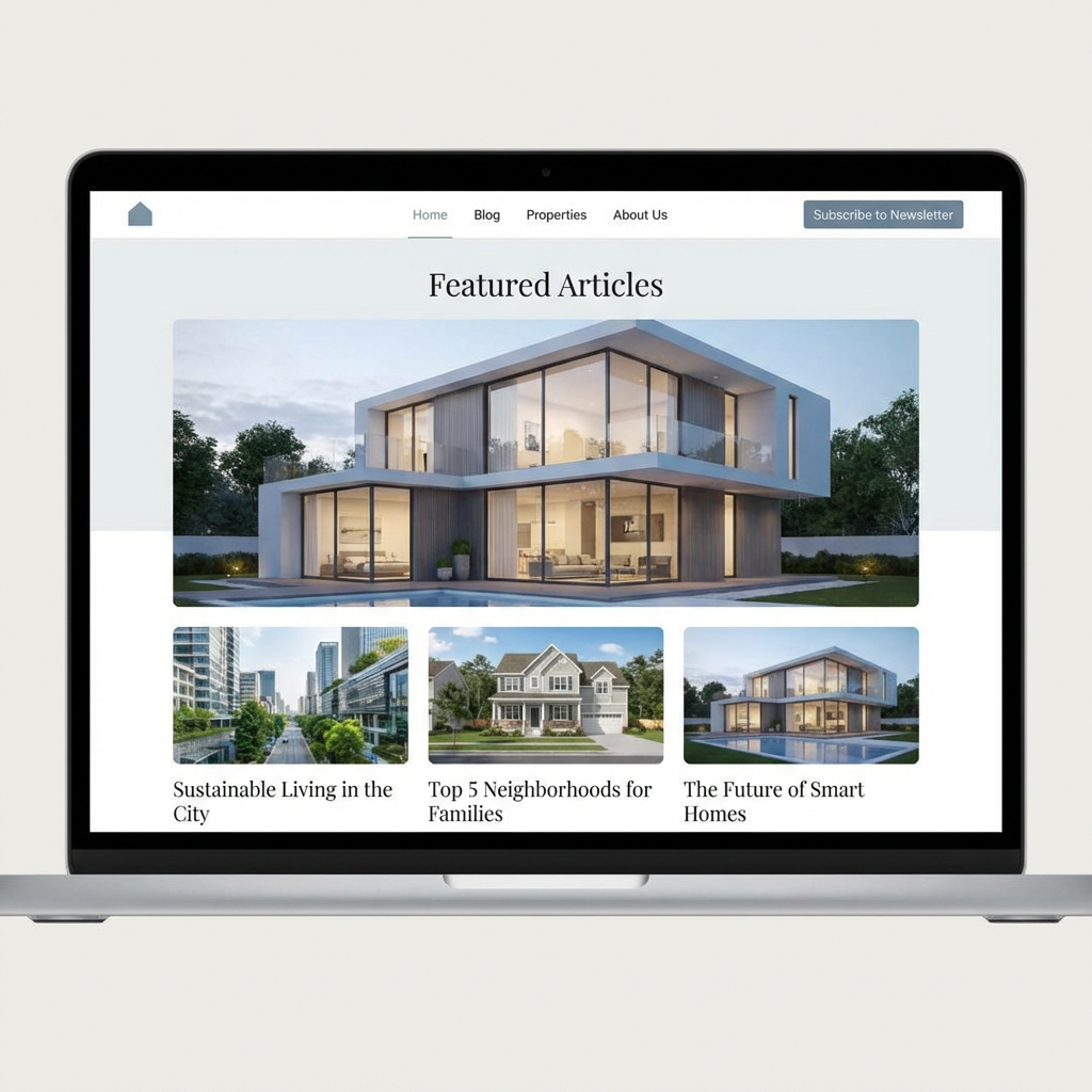 Real estate blog on a laptop with articles about sustainable living, neighborhoods, and smart homes.